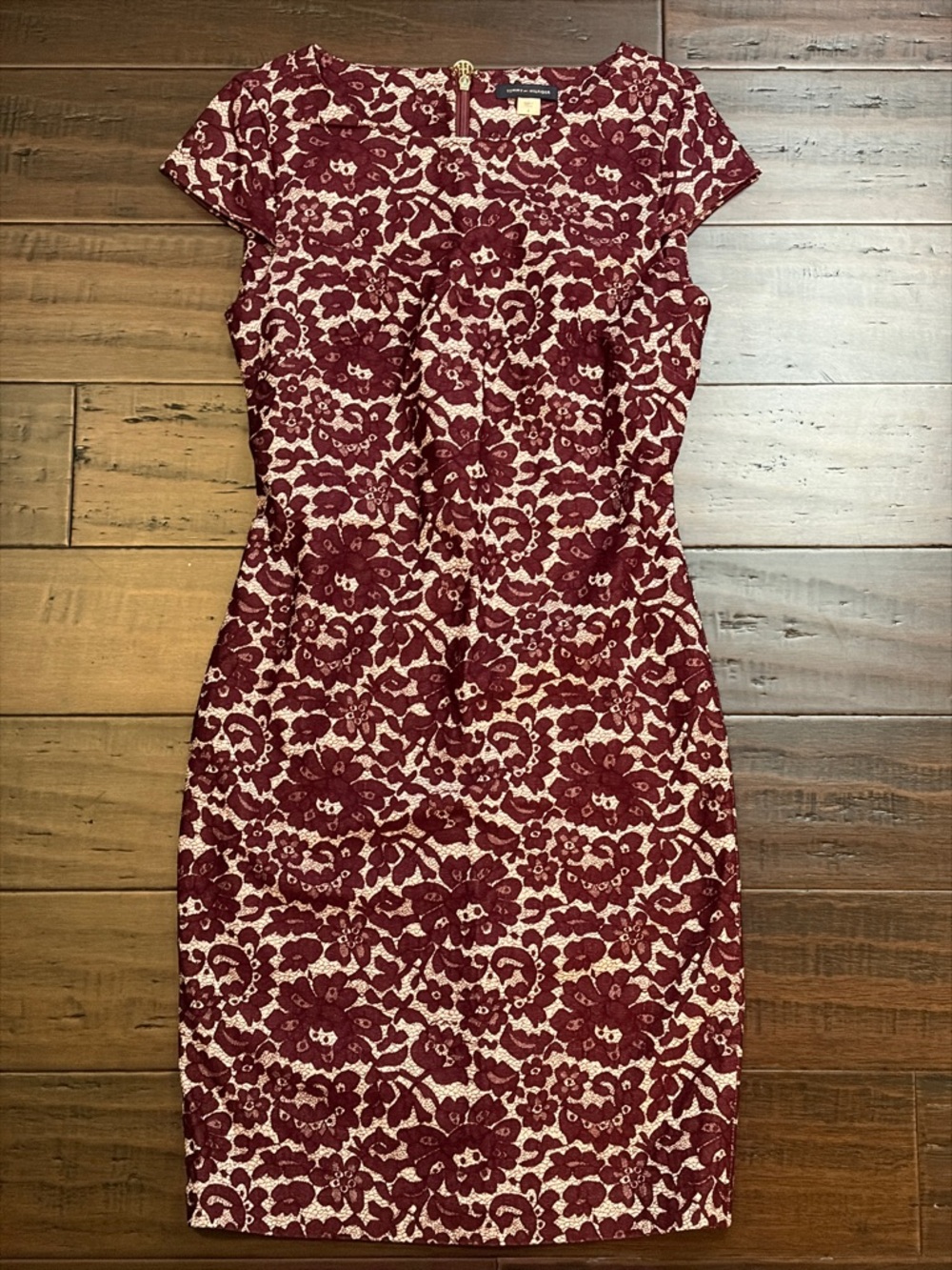 Tommy Hilfiger Elegant Burgundy and Cream Floral stretchy Evening Midi Dress